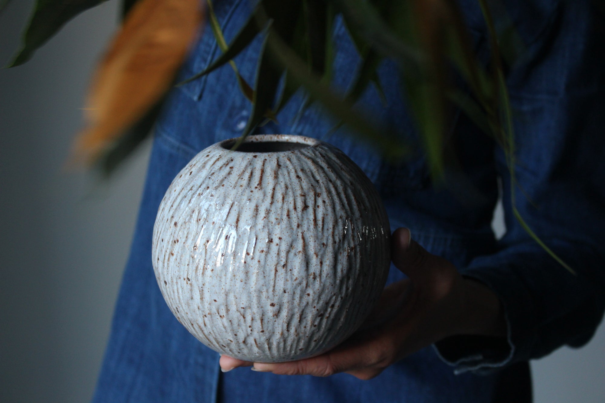 Carved Orb Vase in Speckled White: One